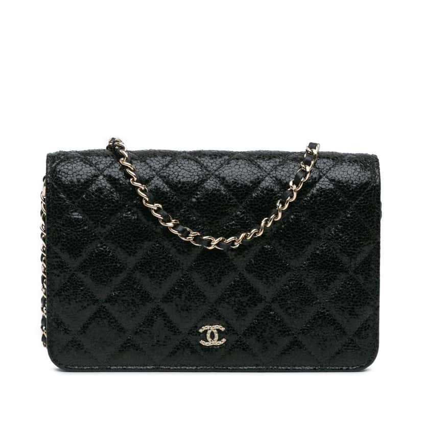 Chanel Quilted Crackled Patent Calfskin Pearl Wallet On Chain Black Leather Good condition - Front View