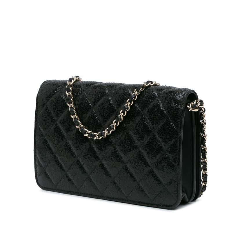Chanel Quilted Crackled Patent Calfskin Pearl Wallet On Chain Black Leather Good condition - Back View