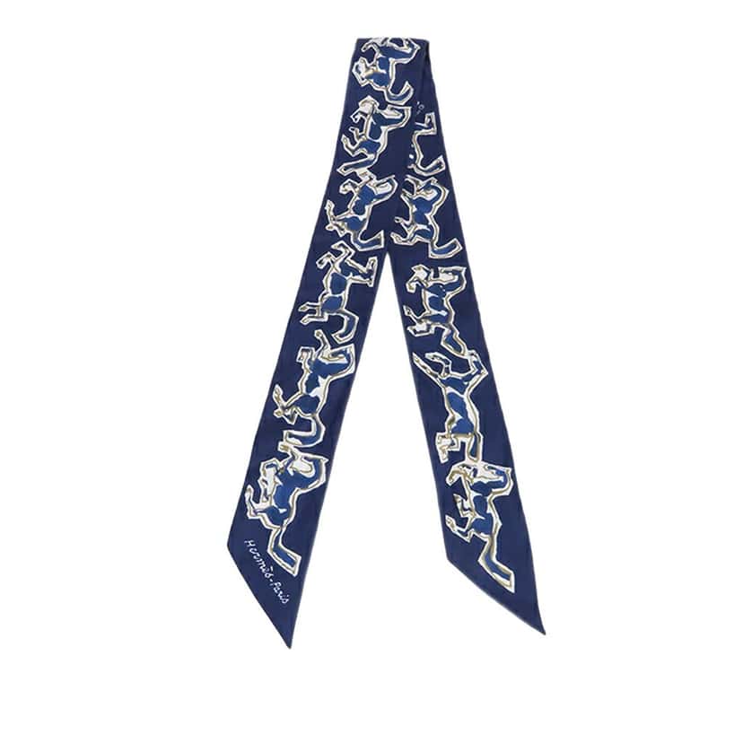 Hermès Chevaux En Liberte Silk Twilly Scarf Blue Silk Good condition - Front View