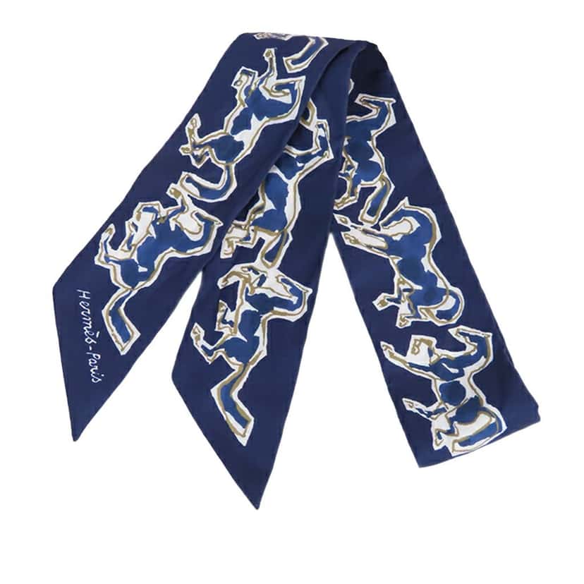 Hermès Chevaux En Liberte Silk Twilly Scarf Blue Silk Good condition - Inside View