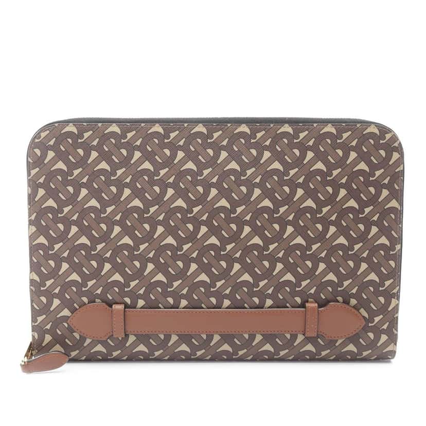 Burberry TB Monogram Coated Canvas Clutch Brown Canvas Good condition - Front View