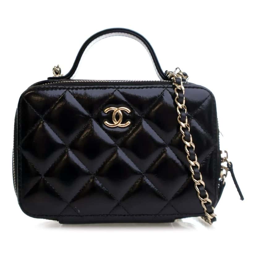 Chanel Mini CC Glazed Calfskin Double Zip Top Handle Vanity Case Black Leather Good condition - Front View