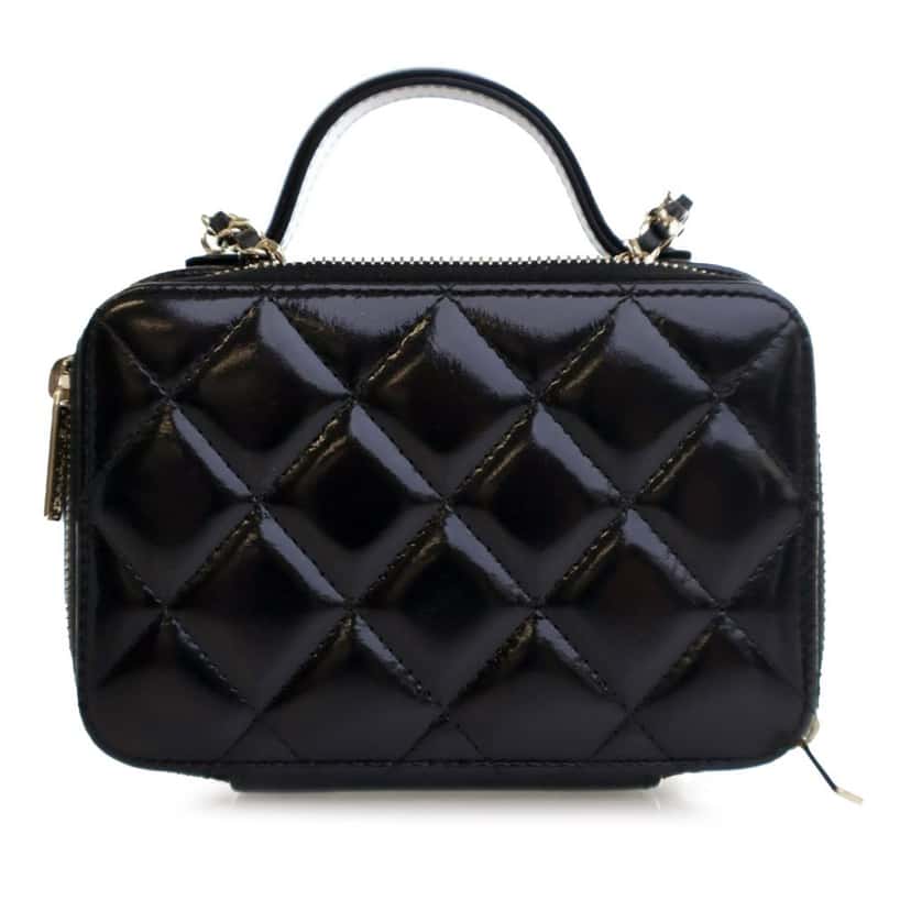 Chanel Mini CC Glazed Calfskin Double Zip Top Handle Vanity Case Black Leather Good condition - Back View