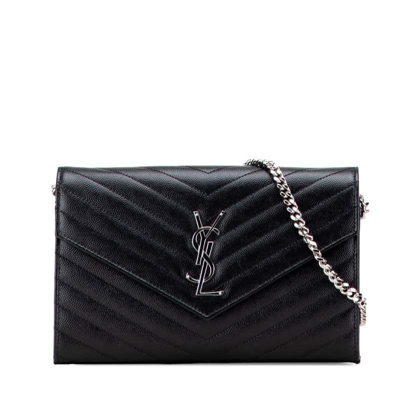 Saint Laurent Grain De Poudre Cassandre Envelope Chain Wallet Black Leather Good condition - Front View