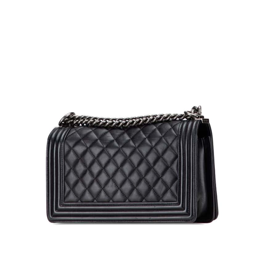 Chanel Old Medium Quilted Lambskin Boy Flap Black Leather Good condition - Back View