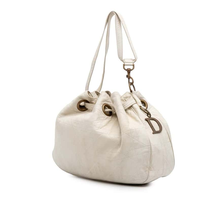 Dior Lambskin Cannage Drawstring Hobo White Leather Good condition - Back View
