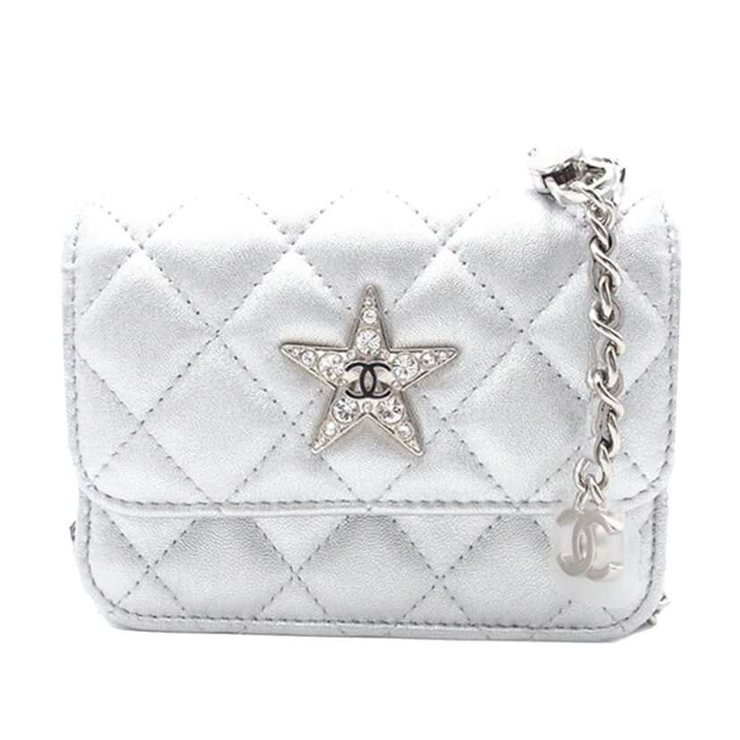 Chanel Quilted Metallic Lambskin Crystal Star Chain Flap Silver Leather Good condition - Front View