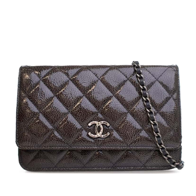 Chanel CC Quilted Shiny Crumpled Calfskin Wallet on Chain Brown Leather Good condition - Front View