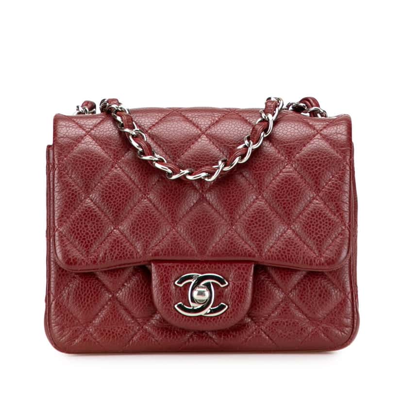 Chanel Mini Square Classic Caviar Single Flap Red Leather Good condition - Front View