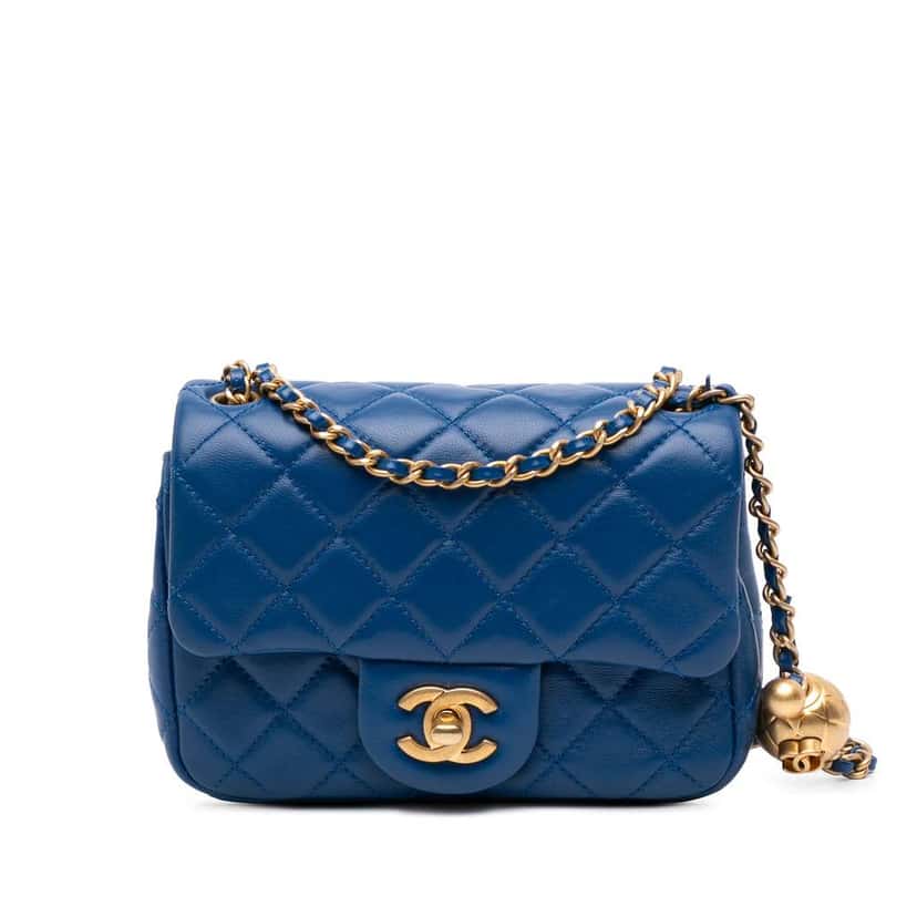 Chanel Mini Square Classic Lambskin Pearl Crush Single Flap Blue Leather Good condition - Front View