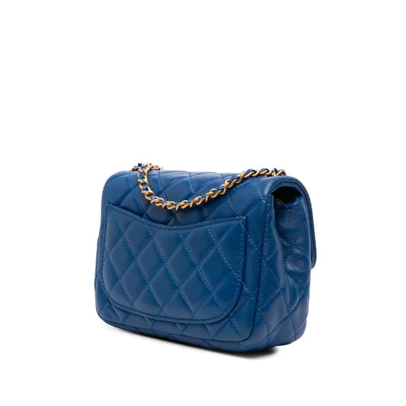 Chanel Mini Square Classic Lambskin Pearl Crush Single Flap Blue Leather Good condition - Back View