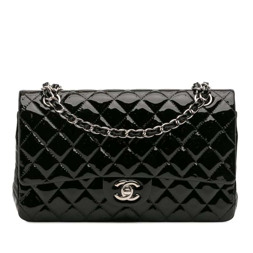 Chanel Medium Classic Patent Double Flap Black Leather Good condition - Front View
