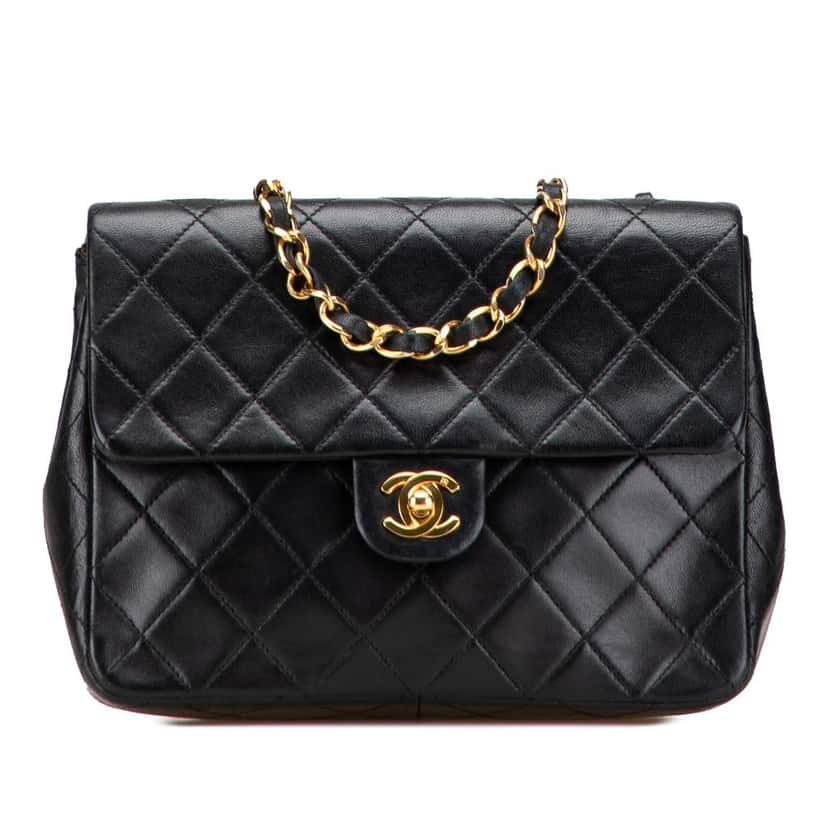 Chanel Square Quilted Lambskin Single Flap Black Leather Good condition - Front View