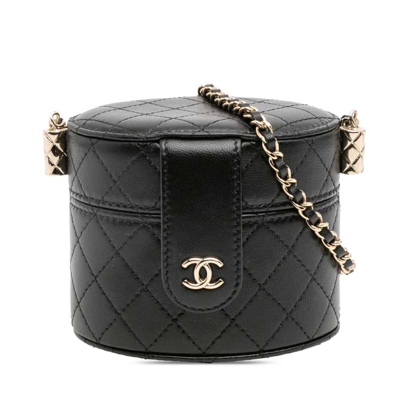 Chanel Mini Quilted Lambskin Round Vanity Case with Chain Black Leather Good condition - Front View