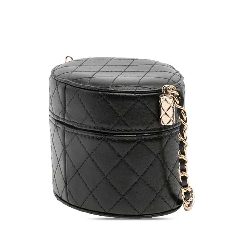 Chanel Mini Quilted Lambskin Round Vanity Case with Chain Black Leather Good condition - Back View