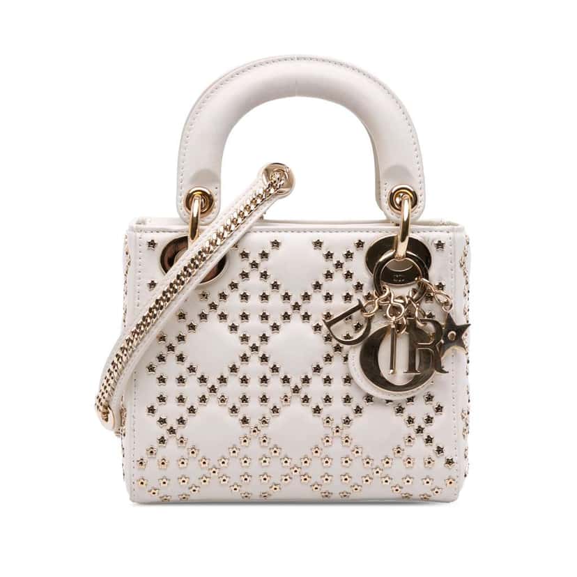 Dior Mini Lambskin Cannage Lucky Star Studded Lady Dior White Leather Good condition - Front View