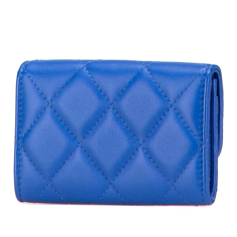 Chanel CC Quilted Lambskin Flap Card Holder Blue Leather Good condition - Back View