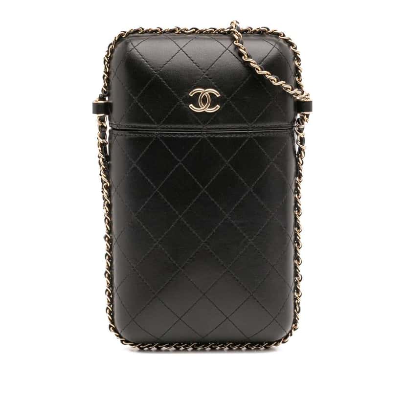 Chanel CC Quilted Lambskin Chain Around Phone Holder Black Leather Good condition - Front View