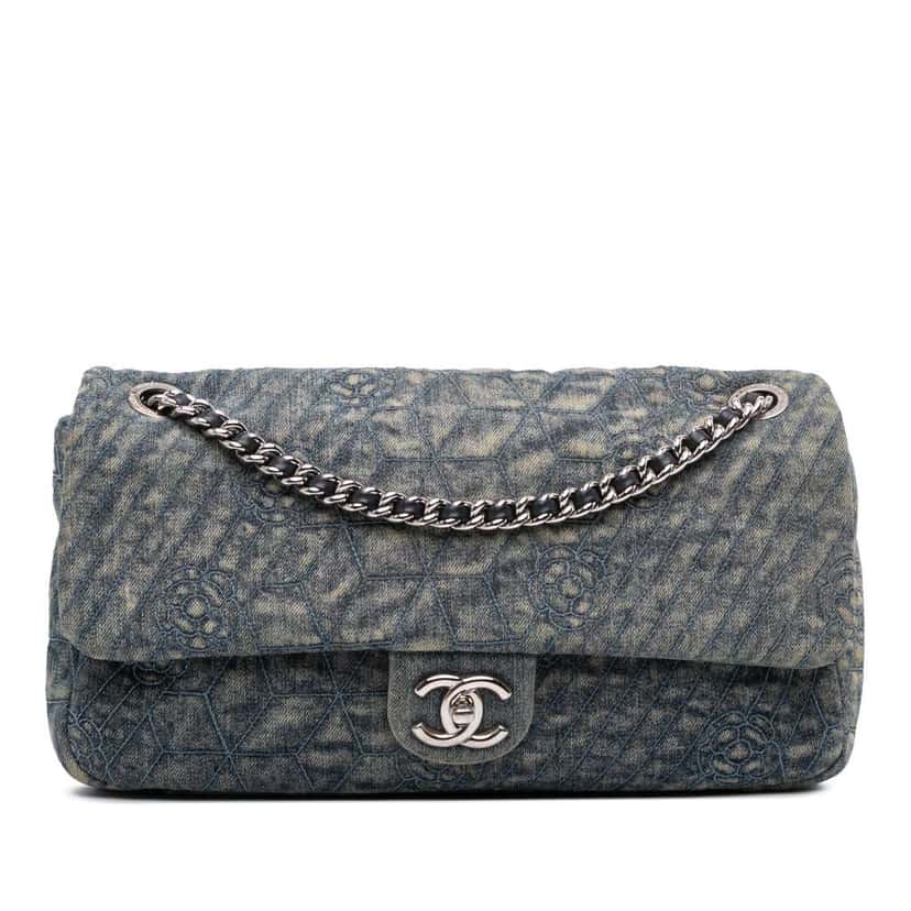 Chanel Large Embroidered Denim Camellia Flap Blue Denim Good condition - Front View