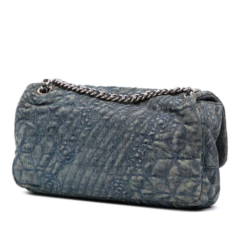Chanel Large Embroidered Denim Camellia Flap Blue Denim Good condition - Back View