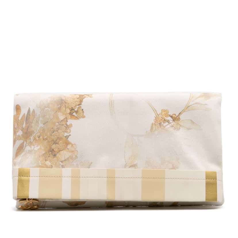 Chanel XL Printed Canvas and Striped Lambskin Foldover Clutch White Canvas Very good condition - Front View
