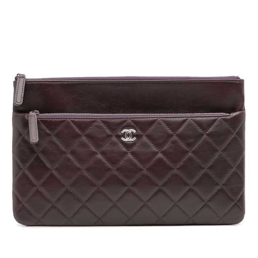Chanel CC Quilted Lambskin Double Zip Clutch Purple Leather Good condition - Front View