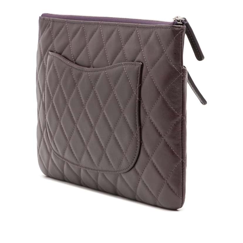 Chanel CC Quilted Lambskin Double Zip Clutch Purple Leather Good condition - Back View