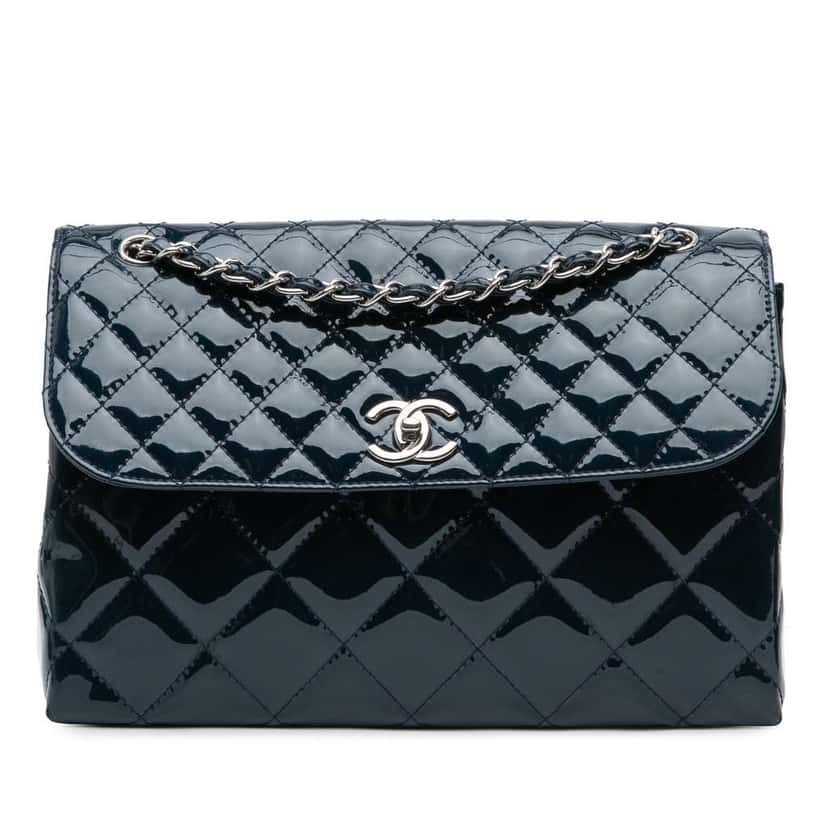 Chanel Quilted Patent In The Business Flap Blue Leather Good condition - Front View