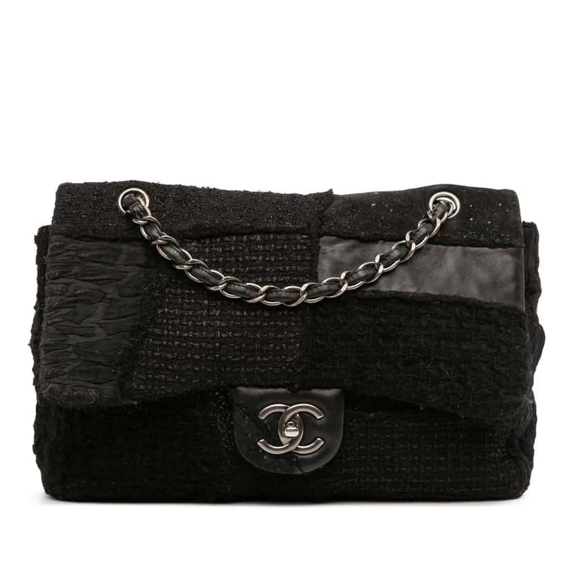Chanel Jumbo Patchwork Tweed Flap Black Tweed Good condition - Front View