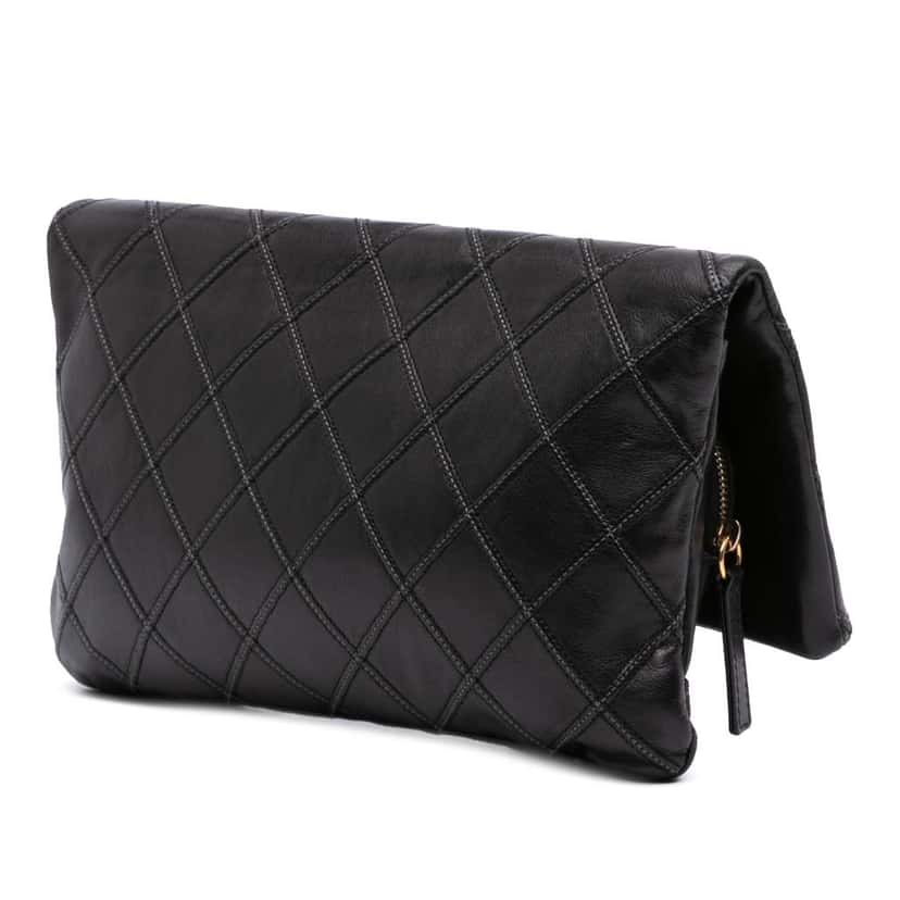 Chanel Quilted Lambskin Leather Clutch Black Leather Good condition - Back View