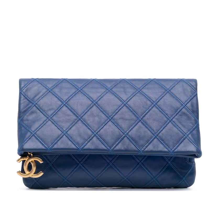 Chanel CC Quilted Lambskin Foldover Clutch Blue Leather Good condition - Front View
