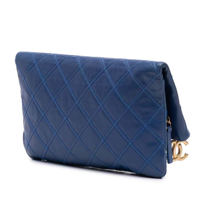 Chanel CC Quilted Lambskin Foldover Clutch Blue Leather Good condition - Back View