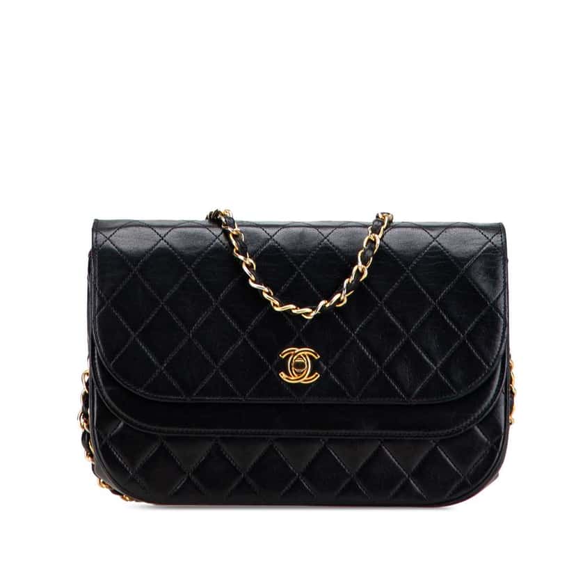 Chanel Quilted Lambskin Half Moon Double Flap Black Leather Good condition - Front View