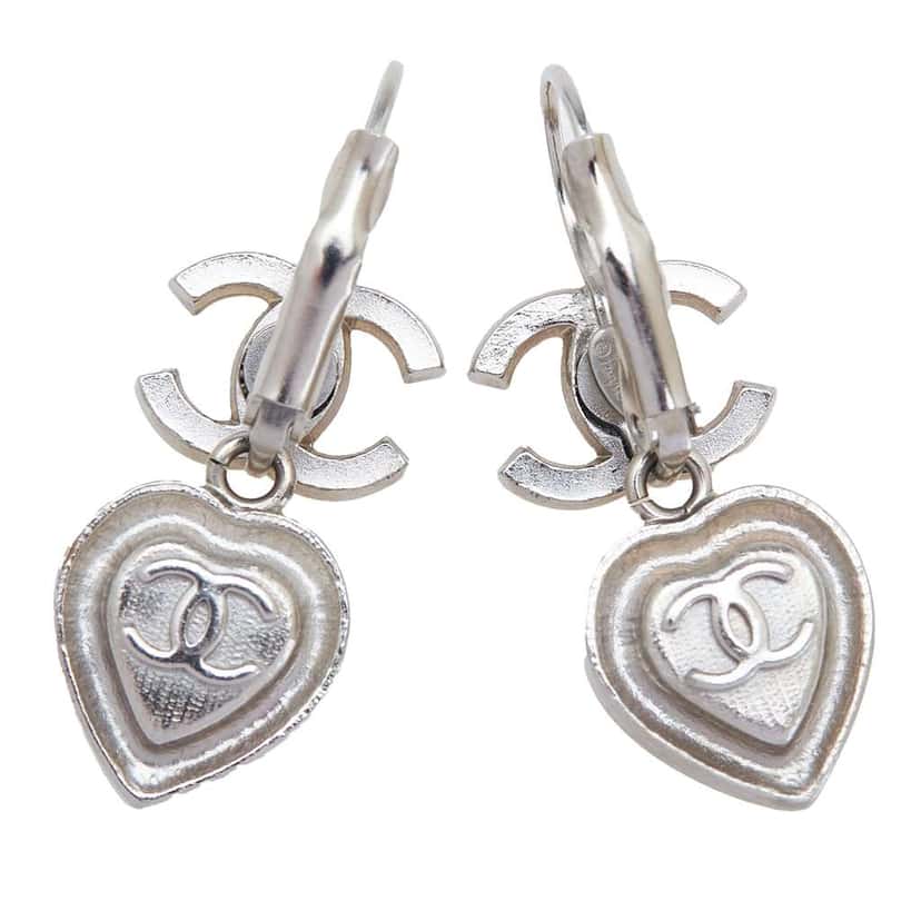 Chanel Silver Plated CC Crystal Heart Drop Lever Back Earrings Silver Metal Good condition - Back View