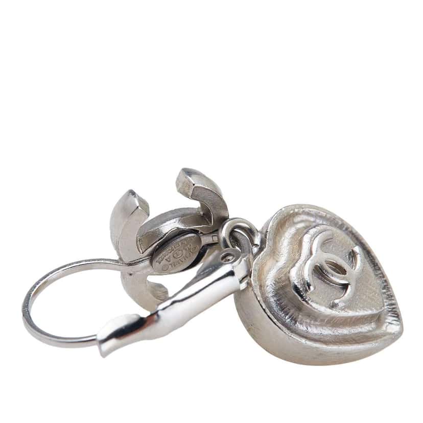 Chanel Silver Plated CC Crystal Heart Drop Lever Back Earrings Silver Metal Good condition - Inside View