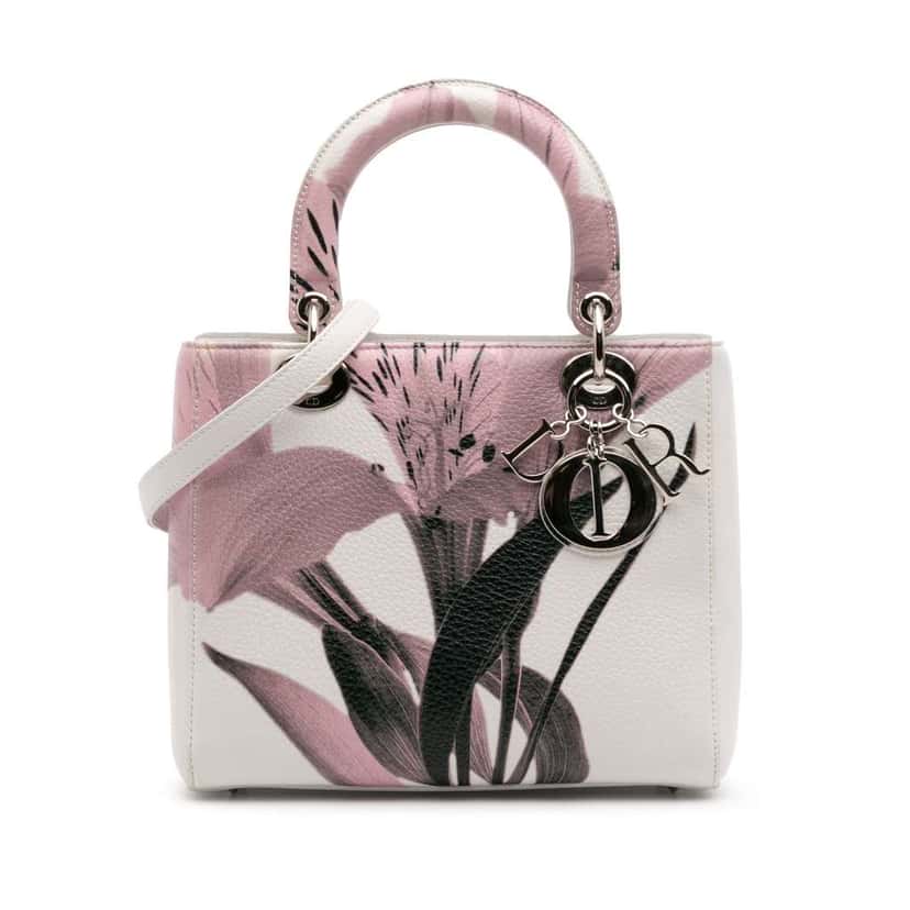 Dior Medium Deerskin Floral Printed Lady Dior White Leather Good condition - Front View
