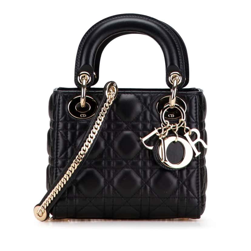 Dior Mini Lambskin Cannage Lady Dior Black Leather Good condition - Front View