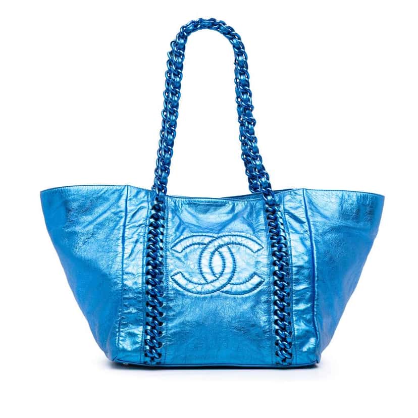 Chanel Medium Cracked Metallic Calfskin Modern Chain Tote Blue Leather Good condition - Front View