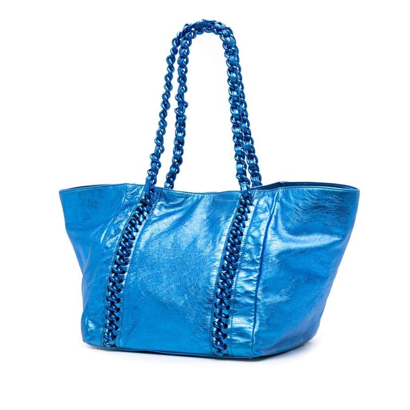 Chanel Medium Cracked Metallic Calfskin Modern Chain Tote Blue Leather Good condition - Back View