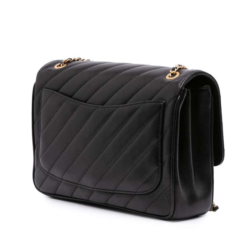 Chanel Diagonal Quilted Lambskin CC Signature Flap Black Leather Good condition - Back View