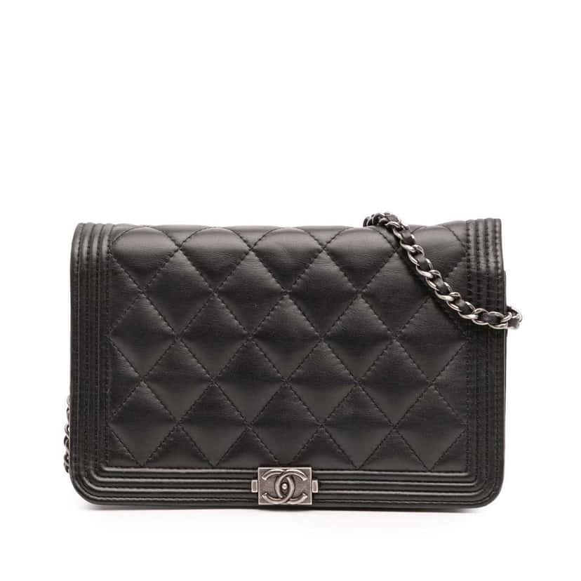 Chanel Quilted Lambskin Boy Wallet On Chain Black Leather Good condition - Front View