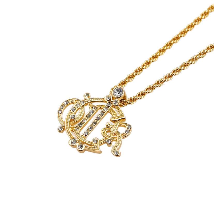 Dior Gold Plated Logo Crystal Pendant Necklace Gold Metal Good condition - Back View