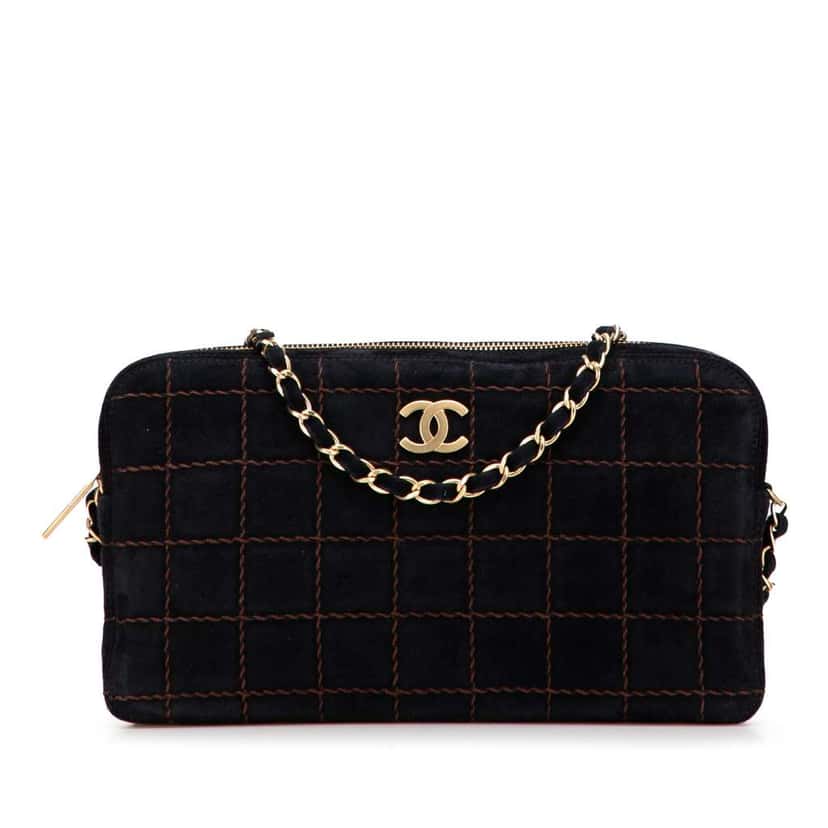 Chanel CC Chocolate Bar Suede Chain Camera Bag Black Leather Good condition - Front View
