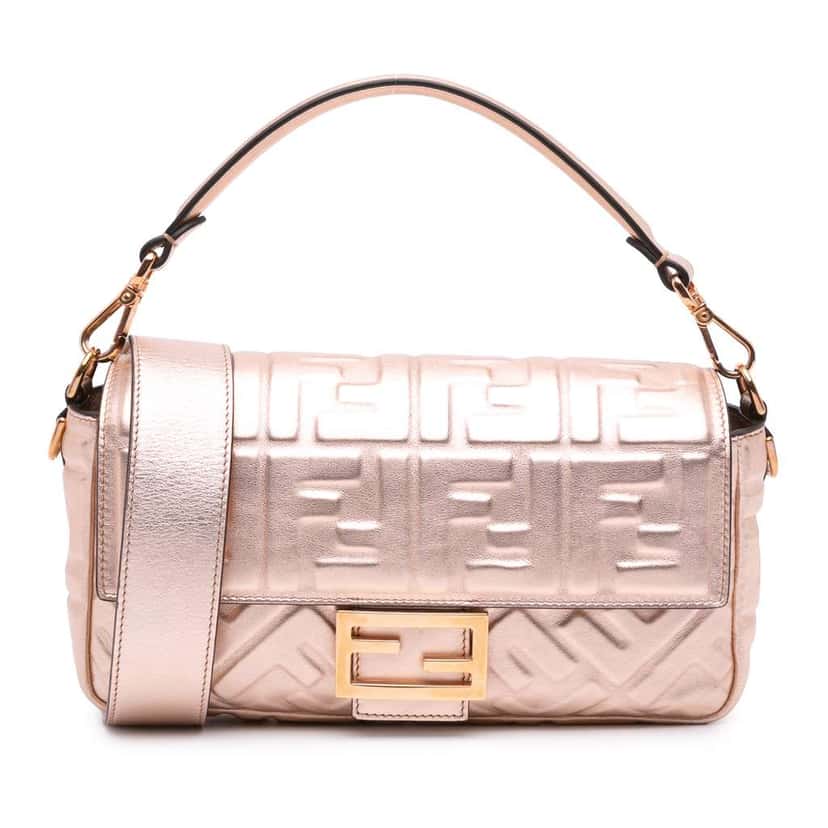 Fendi Zucca Embossed Metallic Leather Baguette Satchel Pink Leather Good condition - Front View