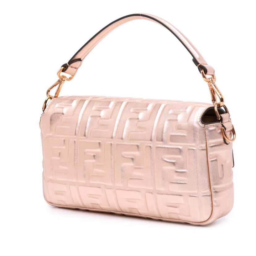 Fendi Zucca Embossed Metallic Leather Baguette Satchel Pink Leather Good condition - Back View