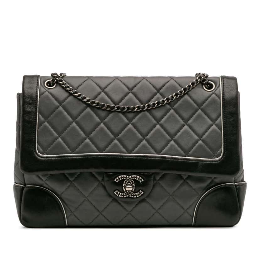 Chanel Paris Salzburg Jumbo Bicolor Quilted Lambskin Tyrolean Flap Grey Leather Good condition - Front View