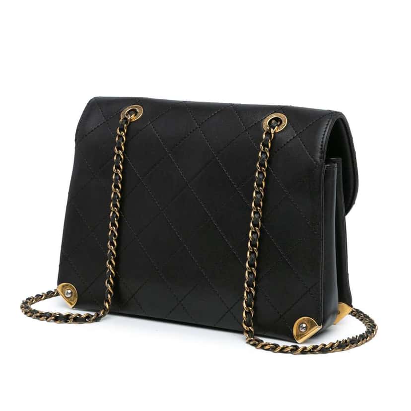 Chanel Quilted Shiny Lambskin Around The Corner Flap Black Leather Good condition - Back View