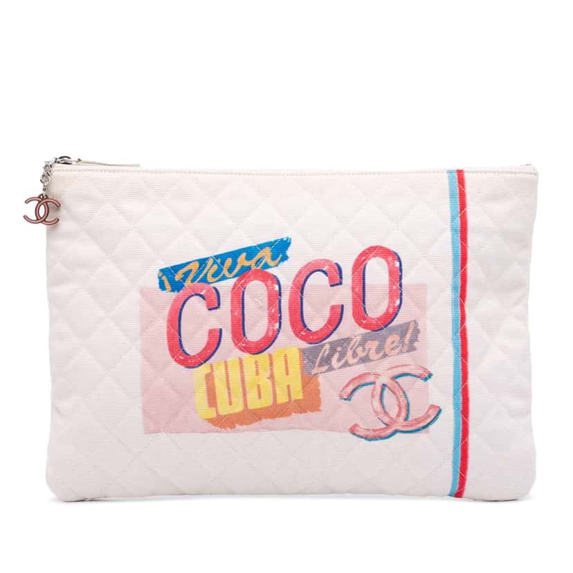 Chanel Large Quilted Printed Canvas Coco Cuba Libre O Case Clutch White Canvas Good condition - Front View