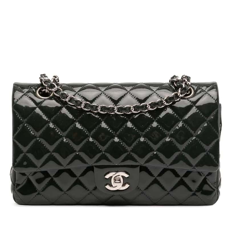 Chanel Medium Classic Patent Double Fla Green Leather Good condition - Front View
