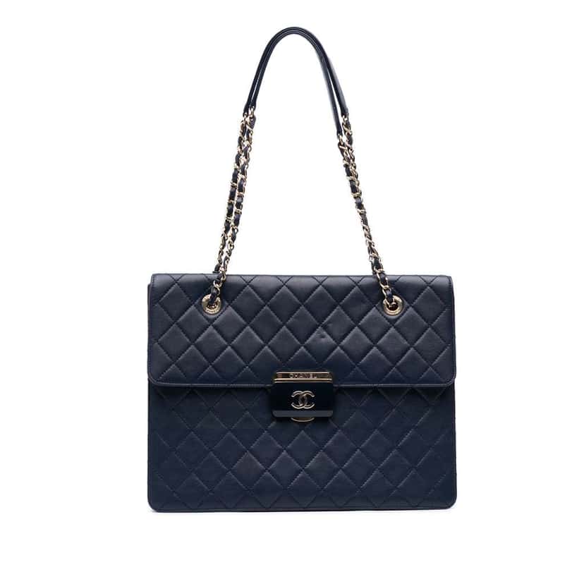 Chanel Quilted Sheepskin Beauty Lock Shopping Tote Blue Leather Good condition - Front View